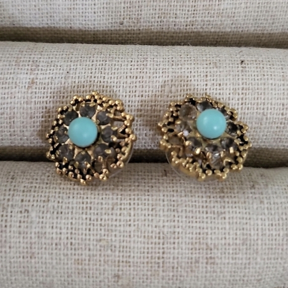 Stella & Dot Marchesa Earrings Large Art Deco Studs Torquoise & Gold Earrings - Picture 8 of 8